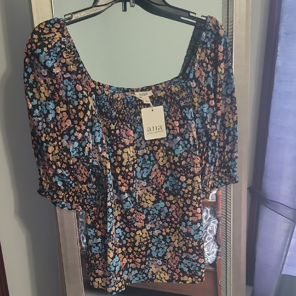 a.n.a Smocked Ruched Blouse in Orange and Blue